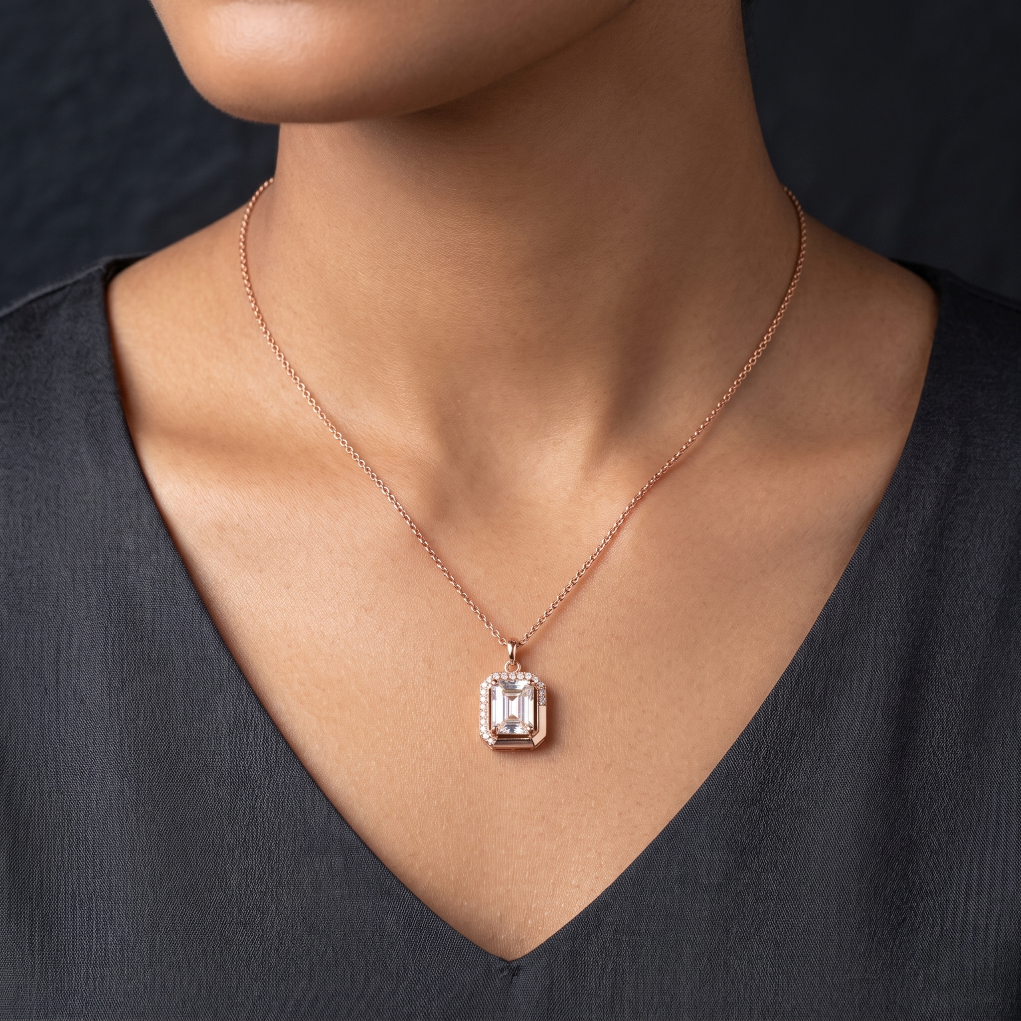 Anti-Tarnish Emerald Cut Clear Stone Pendant Necklace close-up view - Avalna